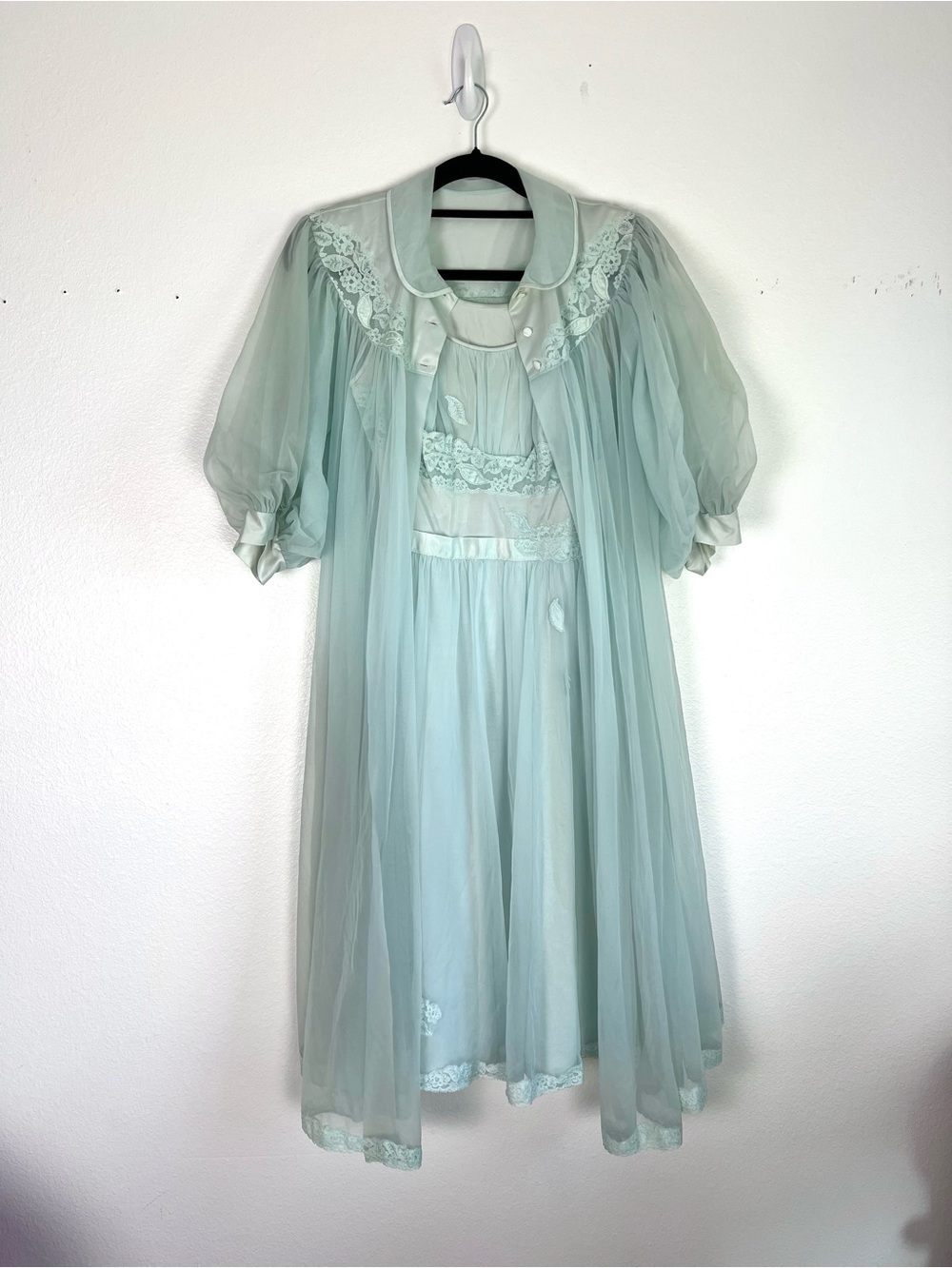 Sheer Lace-Trim Mint Green Nightgown and Robe with Peter Pan Collar